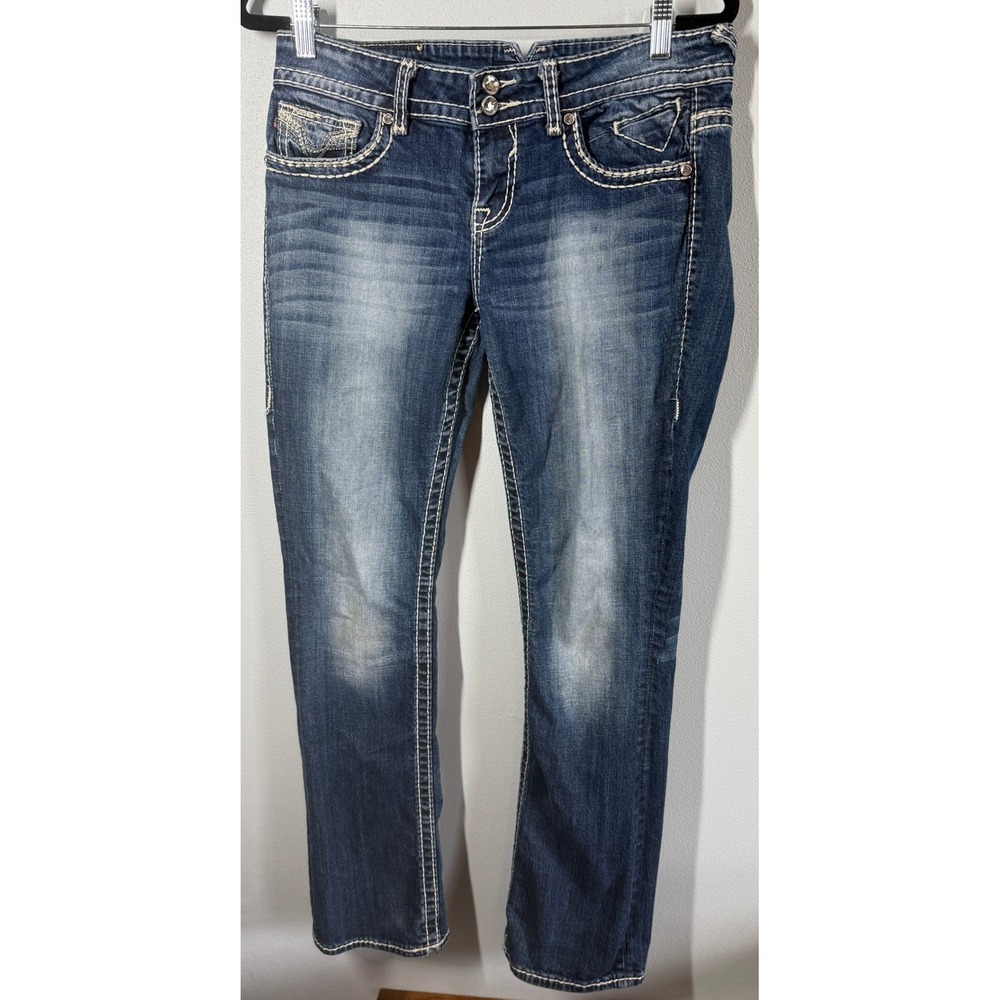 Vigoss Chelsea Slim Boot 9/10 Denim Thick Stitch Embellished Bootcut 33" Inseam